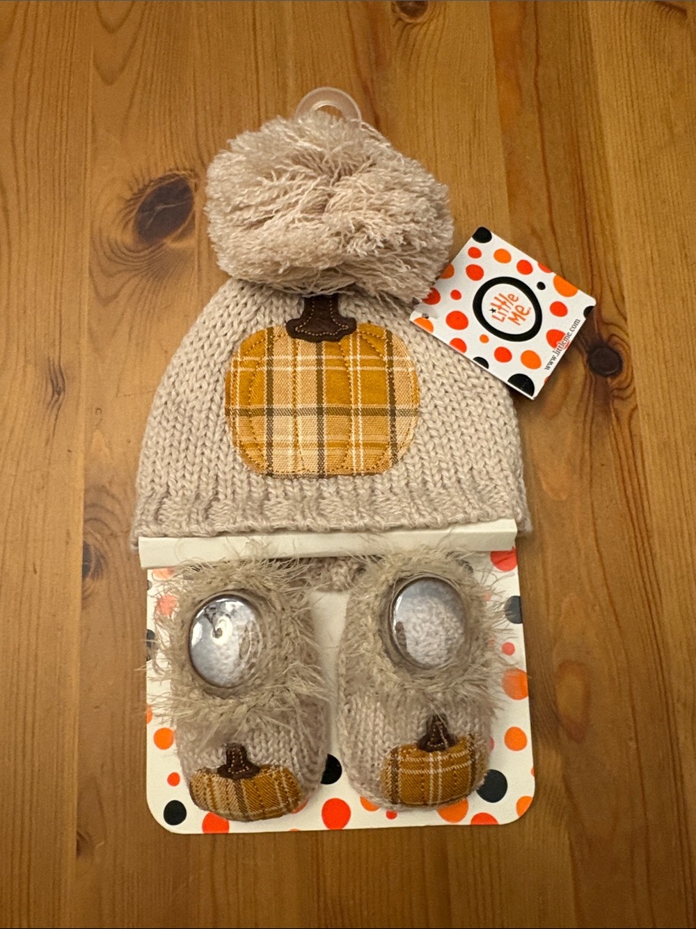 Little Me Cream Knit Pom Beanie and Booties with Yellow Plaid Pumpkin Applique